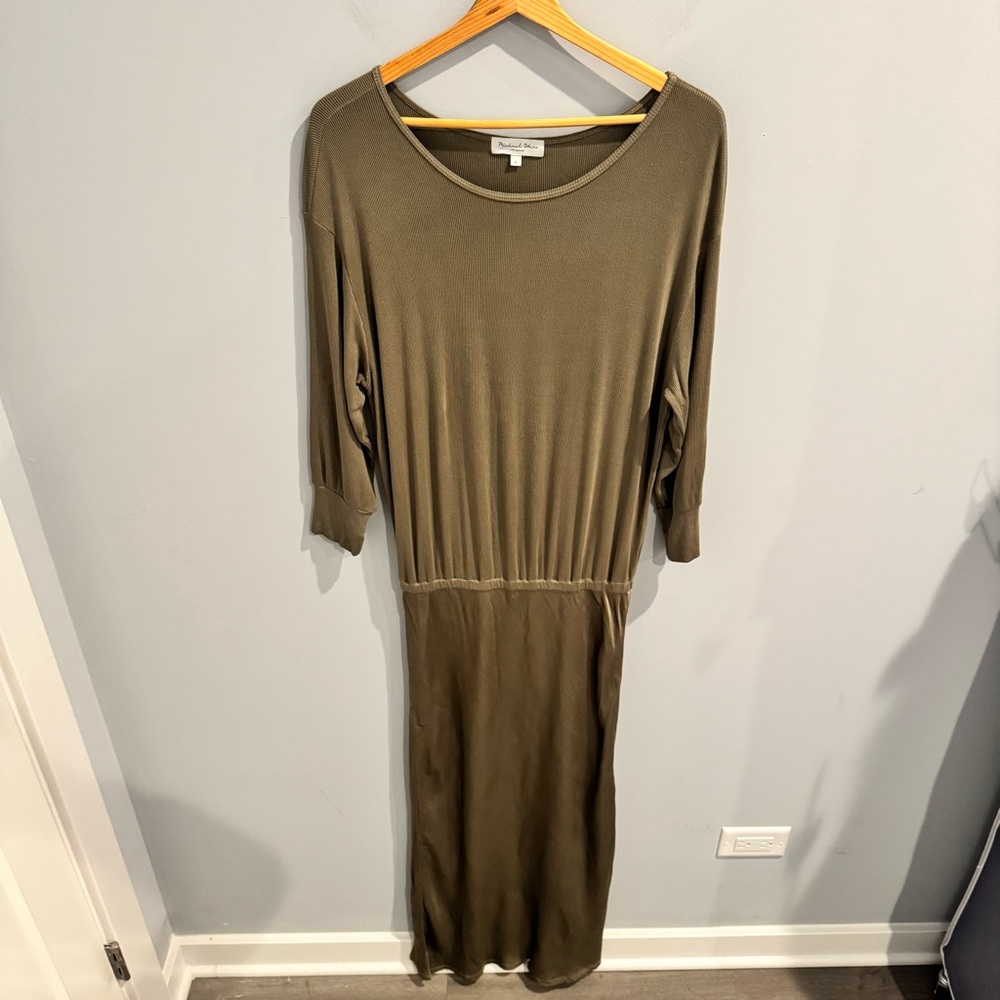 Michael Stars Nadia Mixed Fabric Satin Midi Dress in Olive Green, Size S - Picture 4 of 12